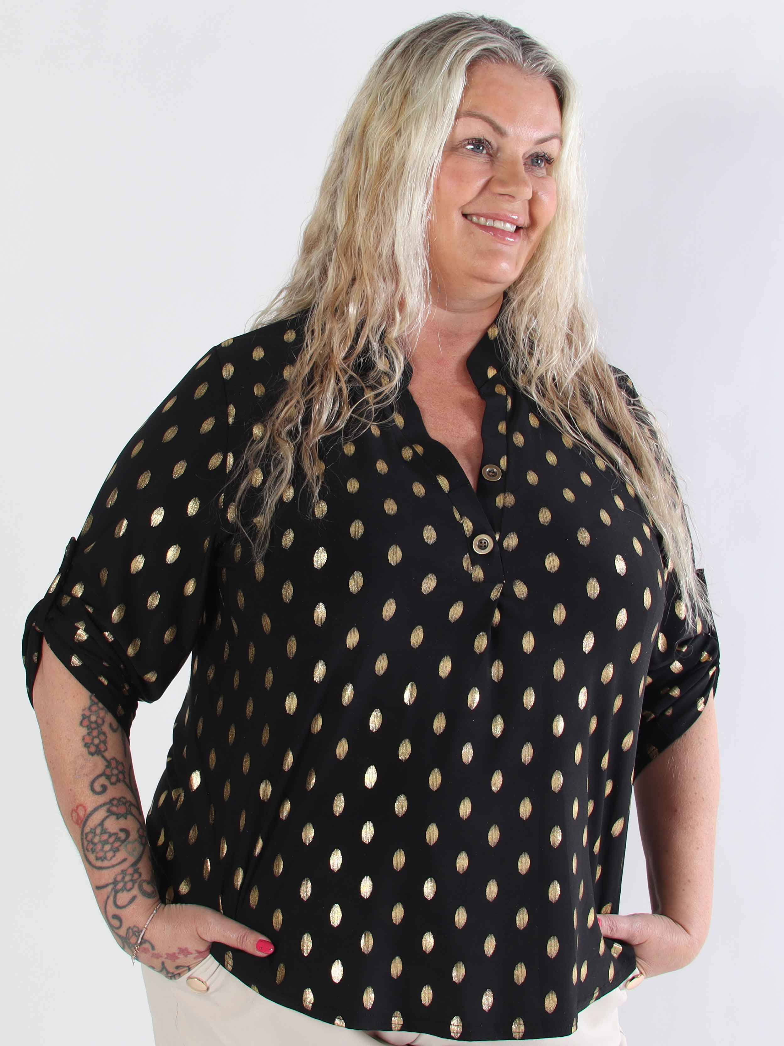 Ebba Gold Shirt - Elastisk plus size blus med guld prickar